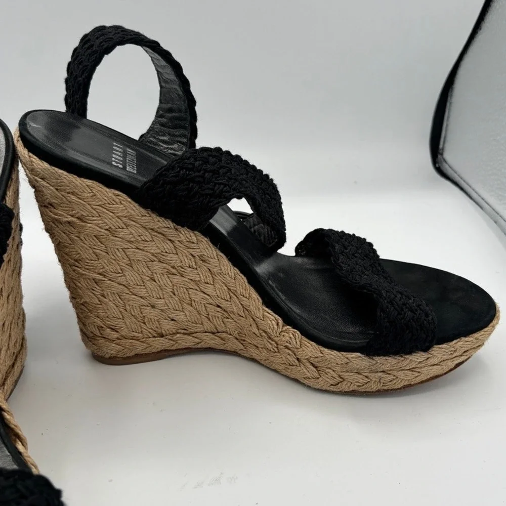 Stuart Weitzman Alex Wedge Sandals 9M Black Jute Espadrille Braided Strap Heels - Picture 6 of 10
